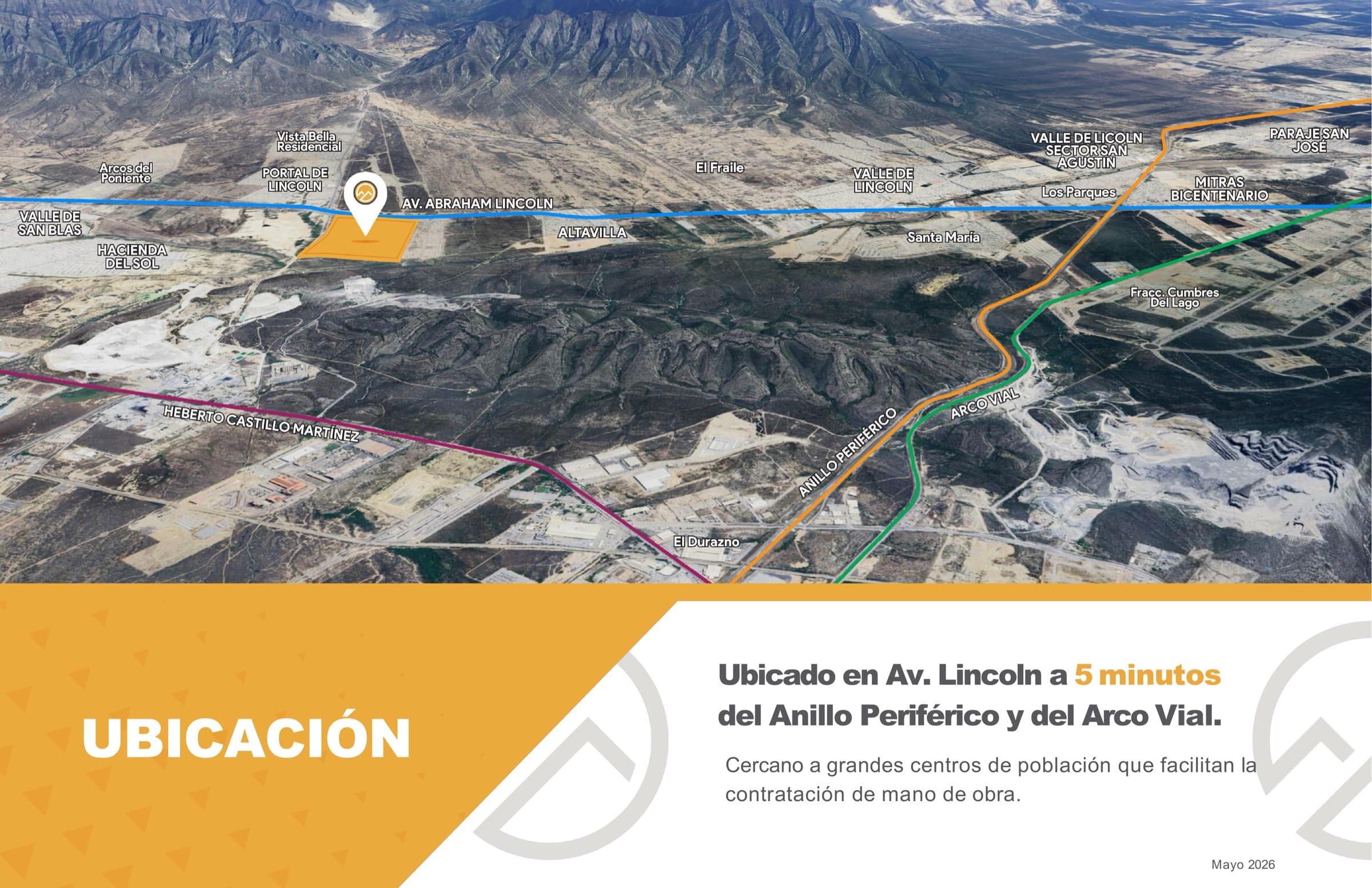 Ubicación de La Sierra Industrial Park sobre Av. Lincoln en García, N.L.
